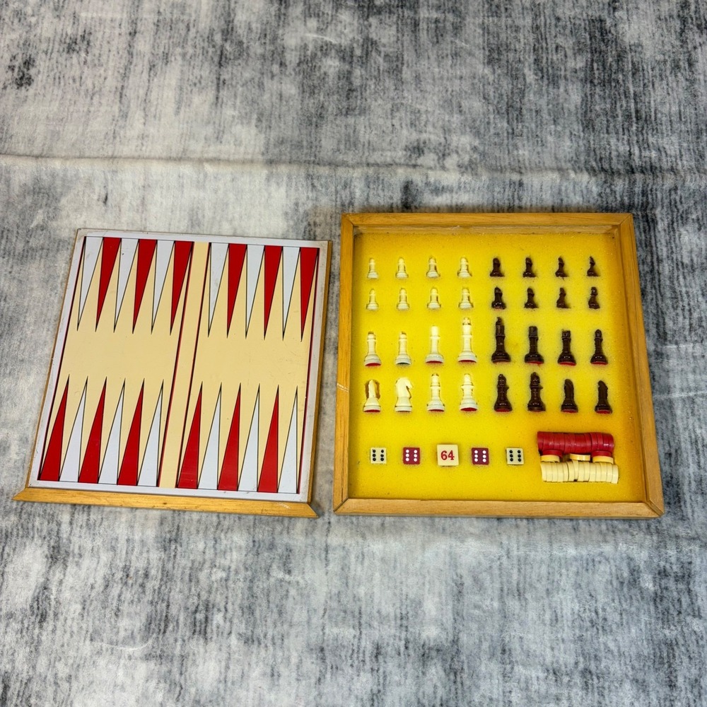 Vintage 3-in-1 Magnetic Chess Checkers Backgammon Game Set Travel Size 9.5 In